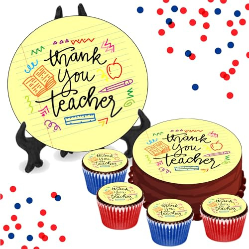 Thank You Teacher - Design 3-8 INCH Cake or Cupcake Icing Toppers - Thanks School Cake Decorations Perfect For Brownies Cookies Muffins & More! (24 x Circle Cupcake Toppers (4cm x 4cm))