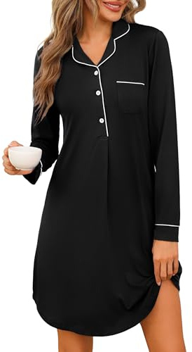 Jahetuul Camicia da Notte Donna Manica Lunga Cotone | con Bottoni e Scollo a V Confortevole Abito da Notte Aperta Davanti