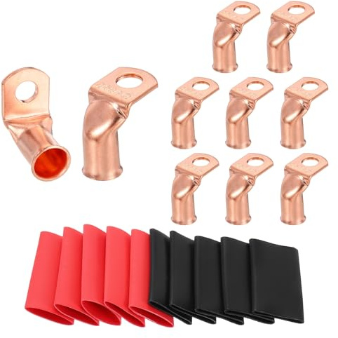 sourcing map 10 capicorda in rame piegato a 90°, 2/0 AWG, terminali per cavi della batteria, calibro 2/0 da 3/8, connettori terminali ad anello con 10 tubi termorestringenti 3:1 nero e rosso