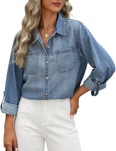 CMTOP Dam jeansskjorta button down jeansblus långärmad skjorta elegant v-ringad jeansjacka lediga toppar skjortblus långärmad lös tunika med bröstfickor, Mörkblå, S