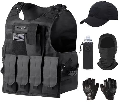 Aythwnyn Tactical Vest Set for Men - Airsoft Paintball Gear and Equipment with Helmet, Cup Cover, Gloves & Visor (Black, 6-Piece Kit)