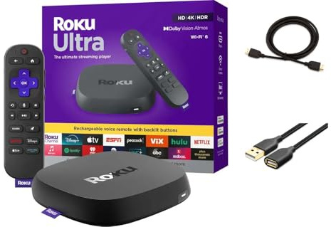 Roku Ultra Ultimate Streaming Player, 4K Streaming Device for TV, Dolby Vision & Atmos, HDR10+, Rechargeable Voice Remote Pro, Bluetooth & Wi-Fi 6, Backlit Buttons, with USB Extension Cord and HDMI