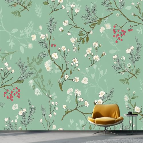 Fototapete 200 x 140 cm, Mintgrün Design Wandtapete, Vliestapete Bild Dekoration Wand-Dekor Weiße Blumenmuster Motiv-Tapete Panorama Poster Tapete Wandbild