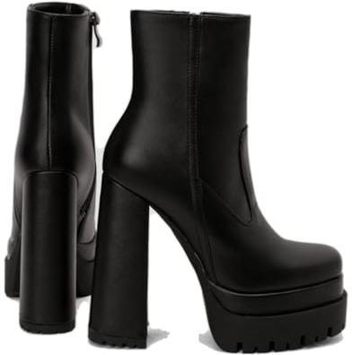 KUHAOFEU Botines De Plataforma con Punta Cuadrada para Mujer Grueso Tacón Alto Botas De Cortas De Invierno con Cremallera,Negro,43 EU
