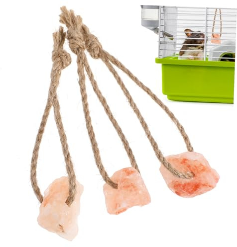 DIKACA 3 Stück Teiliges Mineralstoff Kauspielzeug für Kleintiere mit Natürlichem Salzleckstein mit Langlebigem Sisalseil zur Zahnpflege und Beschäftigung von Kaninchen Meerschweinchen