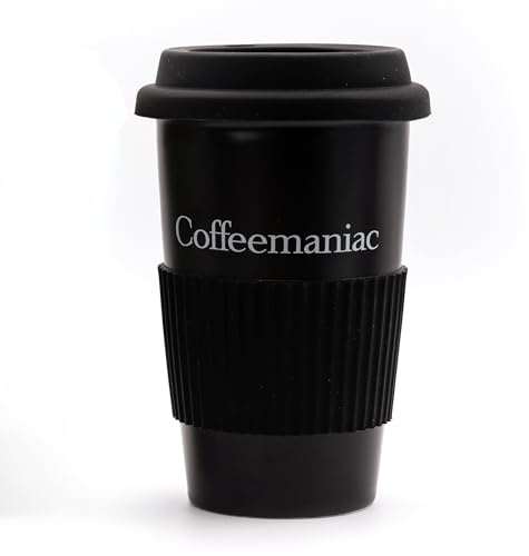 By plain Coffeemaniac - Reusable Coffee Ceramic Travel Mug - Insulated Thermal Tumbler with Spill-Resistant Lid - Double Wall Portable Coffee Mug - Travel Coffee Mug 12oz