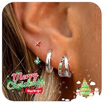 LOLIAS 3 Paar Weihnachtsohrringe Silber 925 Hypoallergen Ohrringe Weihnachten 925 silber Ohrstecker und Creolen Weihnachtsschmuck Damen Mädchen