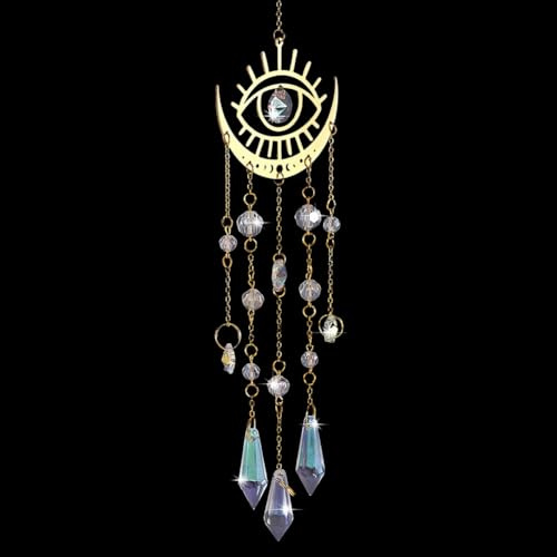 CREATCABIN Atrapasol de Cristal de Sol Y Luna Campanillas de Viento de Cristal Atrapasol Prisma Arcoíris Decoración Colgante Adorno para Ventanas para Cumpleaños Acción de Gracias Navidad 45 cm