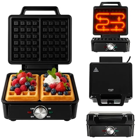 ADLER EUROPE waflera belga, gofrera doble con control de temperatura, gofrera de 2000 W, revestimiento antiadherente y mango aislante térmico, placas de calefacción profunda, 9 x 14,5 cm
