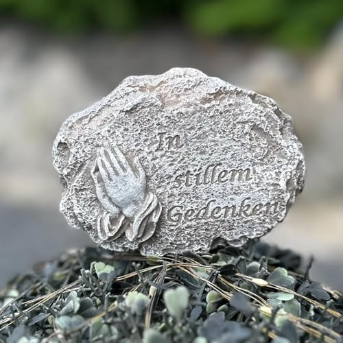 eberin365 GRABWELT – Gedenkstein 15x5x13 cm Betende Hände antik grau In stillem Gedenken wetterfest Polyresin