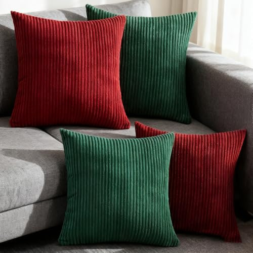 ZSOPN Kissenbezug 45x45 cm Weihnachten Kordsamt Kissenbezüge Dekokissen Sofakissen Cord Kissenhülle Zierkissenbezug Kord Dekorative Weiche 4er Set WeinRot Dunkelgrün