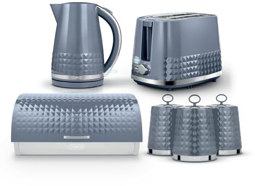 Tower Solitaire 4 Piece Kitchen Bundle, 3kW 1.5L Kettle (T10075GRY), 2 Slice Toaster (T20082GRY), Roll Top Bread Bin (T826206GRY) & 3 x 1.3L Canisters (T826207GRY), Grey, EEJB477