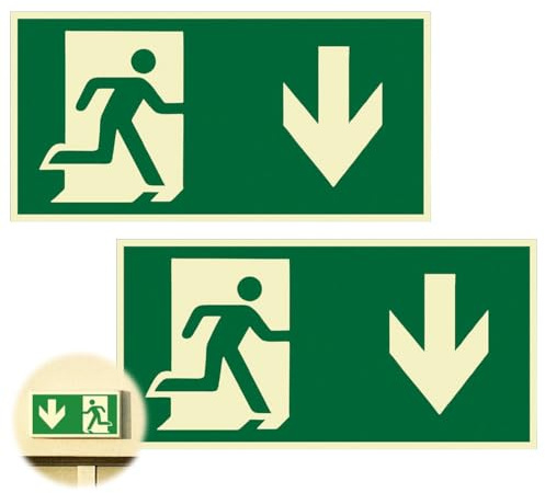 YIPFEN 2 Pcs PVC Autoadhesivo Cartel Salida de Emergencia, Señal de Salida con Flecha Hacia Abajo, Señal de Escape Fotoluminiscente para Seguridad y Emergencias