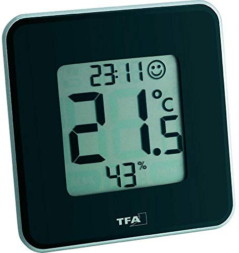 TFA Dostmann Digitales Thermo-Hygrometer Style, 30.5021.01, Innentemperatur und Luftfeuchtigkeit, zur Raumklimakontrolle, mit Komfortzonen-Smiley,schwarz