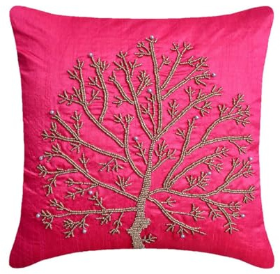 The HomeCentric Fuchsia Pink Cushions Cover, Beaded Tree Cushion Covers, 50x50 cm (20x20 inch) Cushion Case, Floral Contemporary, Square Silk Cushions Cover, French - Fuchsia Tree Of Life
