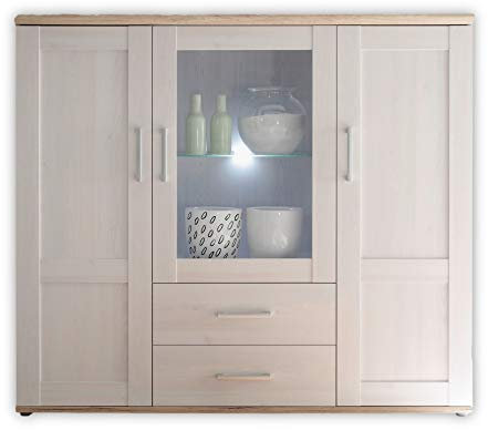 Stella Trading Highboard in Sibiu Lärche / Eiche San Remo Optik - Landhausstil Wohnzimmerschrank mit viel Stauraum und LED-Beleuchtung - 156 x 137 x 46 cm (B/H/T)