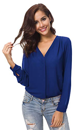 Urban GoCo Donne Camicette Manica Lunga Pieghe Chiffon con Scollo V Colore Puro Camicia Blusa (S, Blu Reale)