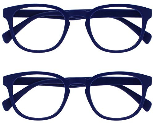 OPULIZE Pop Lesebrille 2er Pack Keck Rund Matt Rahmen Federscharniere Kratzfest Blau Herren Damen RR2-3 +2.50