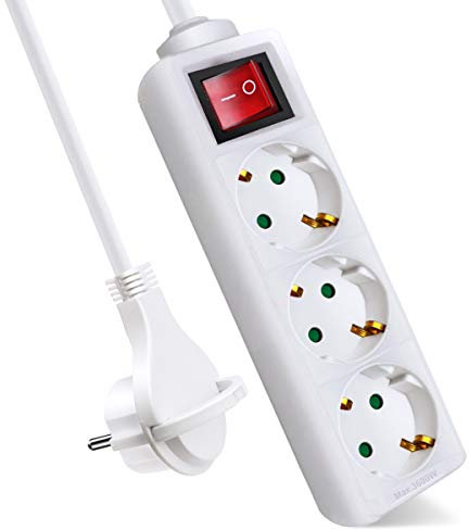 EXTRASTAR Steckdosenleiste 3-Fach, Flachstecker Mehrfachsteckdose mit Save Energy-Schalter, Flacher Stecker mit 1.5m Kabel, IP20, 16A, 3680W, Weiβ