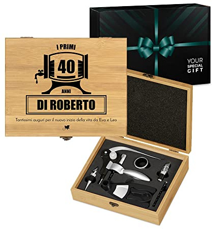 Maverton Set Cavatappi da Vino Deluxe, Kit da Sommelier Personalizzato | Scatola in Legno di bambù + 8 Pezzi di Accessori Vino, Regalo Uomo, Anni