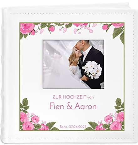 Maverton Einsteckalbum + mit Aufdruck - für 200 Fotos 10x15-100 weiße Seiten - Größe 21x22cm - Weiß - Geschenk für Paare - Hochzeitsgeschenk - Hochzeitstaggeschenke - Rosen