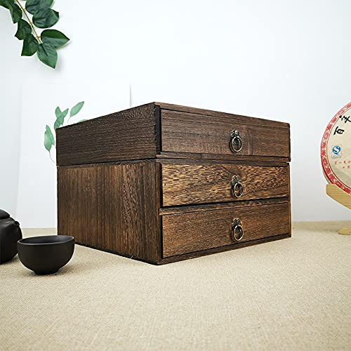 Kommode, Schreibtisch Schubladenbox, Stapelbare Aufbewahrungskiste, Holz Aktenschrank Ausziehbare Schubladen Schmuckschatulle Schreibwaren Bürobedarf, Vintage Design, (25,5 x 24,5 x 16 cm)