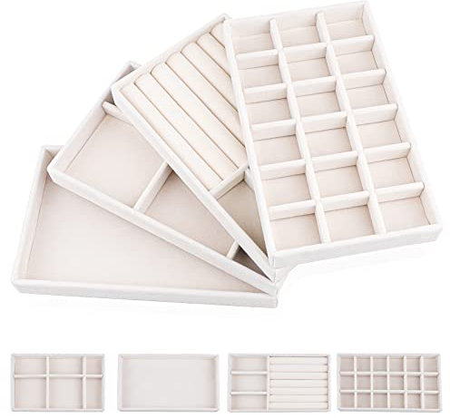 EXLECO 4 Vassoi per Gioielli Velluto Raccoglitore per Gioielli Organizer Cassetti Impilabili Organizer per Gioielli Porta Gioielli Donna Espositore Anelli Portagioie Cassetto Ragazze Orecchini Beige