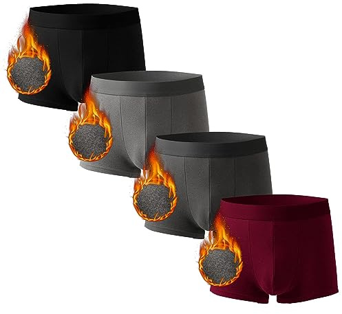 Nuofengkudu Thermal Mens Underwear Trunks Boxer Shorts Warm Seamless Support Pouch Stretch Waistband Comfy Winter Male Underpants Casual Pajama C 4 Pack Black Grey Drak Grey Red 2XL
