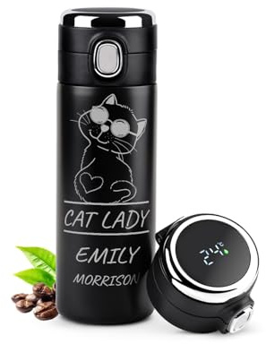 Maverton Personalised LED Thermal Tumbler for Women, Cat | Stylish Steel Made 400 ml Mug for Birthday, Engraved Travel Mug for Lady, Black Insulated Cup for her, Coffee Mug for Mum