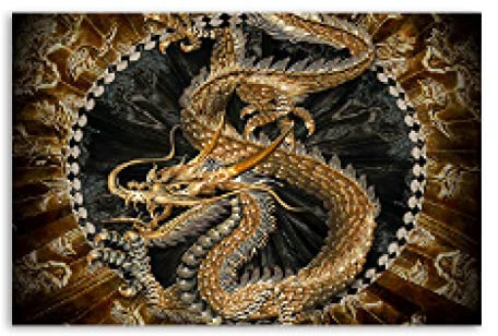 Golden Dragon Poster und Drucke Moderne Luxus-Wand-Kunst-Leinwand-Malerei Chinesische Drachen-Bilder für Wohnzimmer-Dekoration 24 x 45 Zoll/60 x 115 cm mit Rahmen