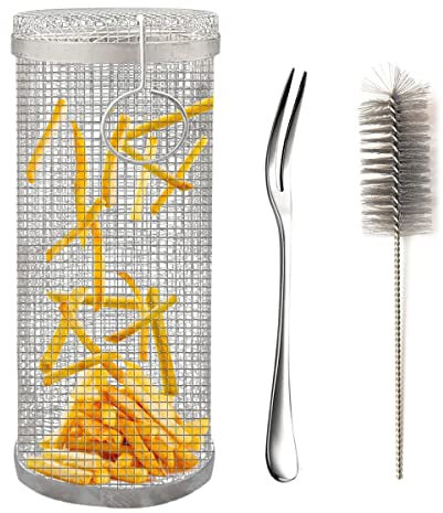 Otcmuky Rolling Grill Basket Stainless Steel Wire Mesh Cylinder French Fries Cylinder Grilling Baskets For Grill Vegetables Fish Meat Barbecue Camping Essential (1 set)