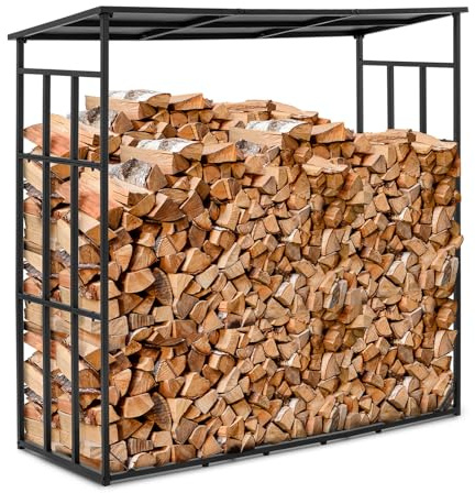 hillvert HI-FWR-011 Kaminholzregal mit Dach für bis zu 400 kg Holz 190 x 76 x 186 cm Stahl schwarz pulverbeschichtet Brennholzregal Kaminholzständer