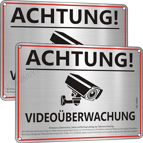 Achtung Videoüberwachung Schild Aluminium Gebürstet 20x15 cm, 2 Stück Kameraüberwachung Schild mit DSGVO Hinweis, Mit Selbstklebend, Mit Bohrlöcher