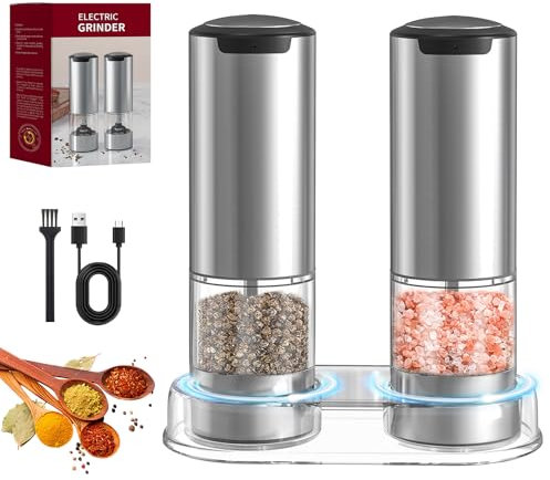 TAVADA Molinillo Pimienta Electrico, [Juego de 2] Molinillo Sal y Pimienta de Acero Inoxidable, Salero Electrico Recargable, Funcionamiento con una Sola Mano, Luz LED, Grosor Ajustable