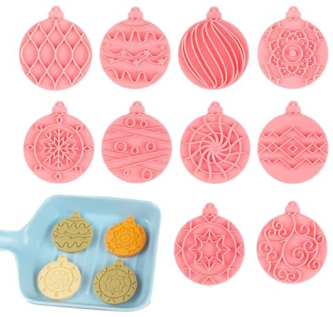 Weihnachtsplätzchenausstecher Stempel, Kugelförmige Plätzchenstempelpresse und Ausstechformen zum Backen, 10 Stück Weihnachts-Ausstechformen und Stempel zum Backen, 3D-Keks-Backwerkzeuge mit Maidong