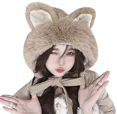 XINCHI Fliegermütze Fuchs Form Winterhut Damen Fliegermütze Winter Wintermütze Ohrenklappen Kunstfellmütze Dick Skimütze Plüsch Strickmütze Warm Russlandmütze Trapper Hat
