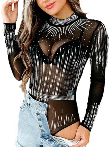 MAYFASEY Dambodys sexig långärmad mesh transparent jumpsuit body top tröja, H-svart, L