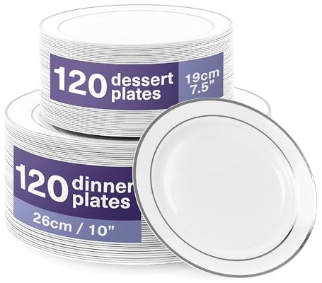 MATANA 240 Premium Weiße Plastikteller mit Silberrand, 2 Größen - Unzerbrechliche & Mehrweg Kunststoffteller, Partyteller für Hochzeiten, Geburtstage, Partys - Elegantes & Stabiles Partygeschirr