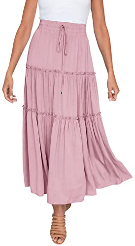 Plisseerock Damen Lang Falten Maxirock Elastizität Luftige Elegant Stretch Langer Luftiger Sommerrock Freizeit Leicht Trachtenrock Einfarbig Mädchen Rosa,XL