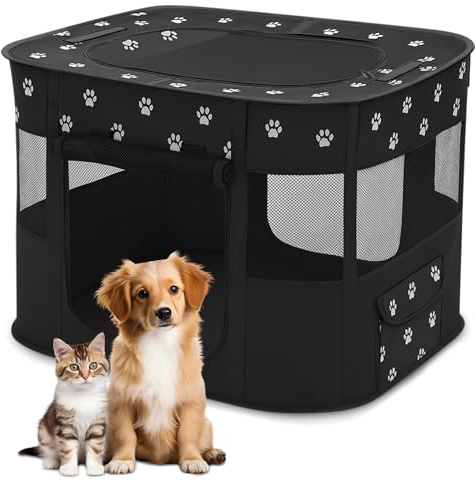 ALLSOPETS Welpenauslauf Faltbar, Laufstall für Hunde, Schwarze Pfote, L | Tragbarer Welpenlaufstall für Hunde und Katzen mit Tragetasche, Indoor Outdoor Hundebox für Reisen, Camping und Zuhause