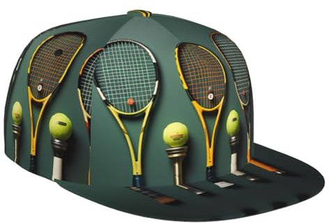 BROLEO Reise-Baseballkappe – leicht, verstellbar, atmungsaktiv, für Damen und Herren, Tennisbälle und Schläger bedruckt, Schwarz, Schwarz , Einheitsgröße