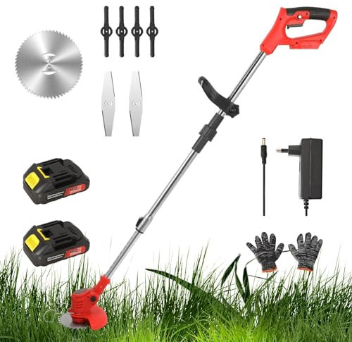 Desbrozadora Eléctrica Inalámbrica, Corte Borde Inalámbrico con Batería, Desbrozadora Batería con 3 Tipo Cuchillas, Telescópica Tamaño Borde Adecuado para Jardín, Granja (2 baterías)