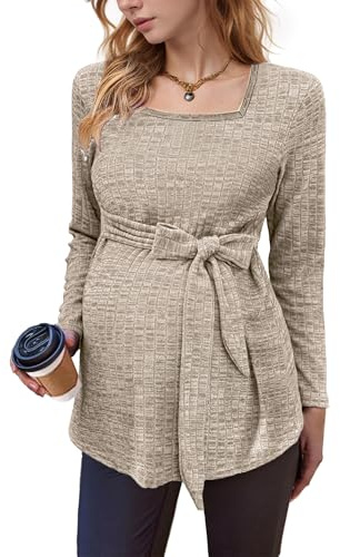 tiorhooe Women's Knit Maternity Tops Long Sleeve Breastfeeding Pregnancy Top Square Neck Tunic Maternity Clothes