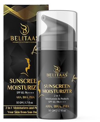 Belitaas Sunscreen Moisturizer SPF 60 PA++++ | Broad-Spectrum UVA/UVB Shield with AHA, BHA & PHA | Lightweight, Plant-Based Formula – 50 g