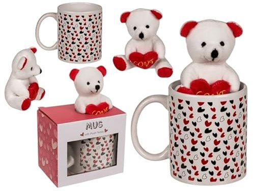 BLUECHOLON 380 ml keramisk mugg med hjärtan och plyschbjörn, 380 ml, present till alla hjärtans dag
