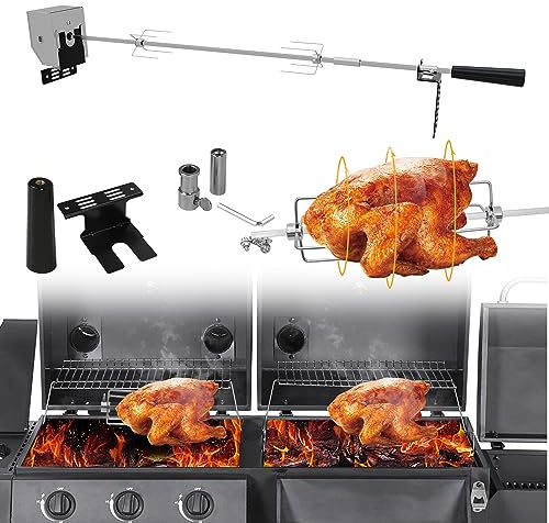 ISOISL Edelstahl Grillspieß Set 107cm mit 2X Fleischnadeln, universal Edelstahl Drehspieß, BBQ Fleischklammer, Motor, Grillspieß, Drehspieß für Gasgrill 220-240V, Silber