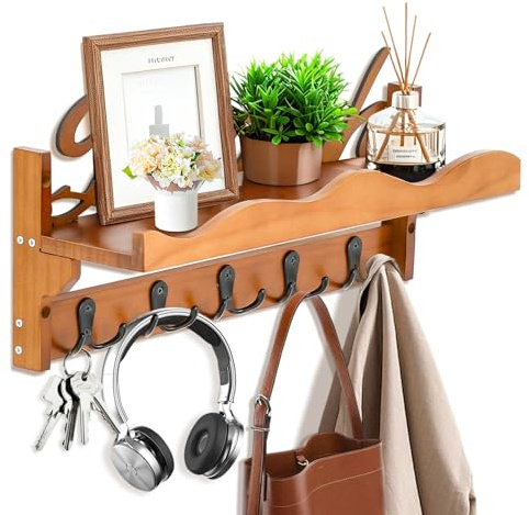 OT-NVWOZR Wandgarderobe mit Ablage, Holz Garderobenleiste Wandregal mit 5 Metal Haken, Strand-Thema Kleiderhaken Wand Garderobe Hängeregal für Eingang Flur Wohnzimmer Küche Braun