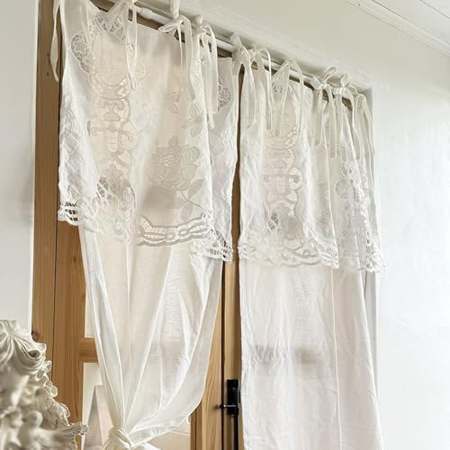 AMDXD Scheibengardine Voile Bistrogardine 53x116cm, Küchengardine Kurz Landhausstil Einfarbig mit Hohl Blumen Volant Baumwolle 2er Set, Rod Pocket Halbtransparent Gardinen Voile, Weiß