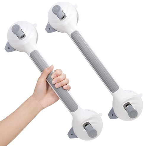 2 Stück Haltegriff Dusche ohne Bohren, 42 cm Haltegriff mit Saugnapf bis 110 kg, Duschgriff mit Saugnapf für Senioren, Badewannengriff mit Rot-Grün-Anzeige, rutschfester Handgriff Bad, Grau