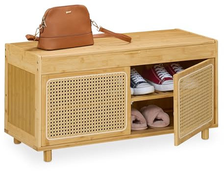 Relaxdays Schuhbank, mit Stauraum, 2 Fächer, Bambus, Rattan-Optik, HxBxT: 45 x 90 x 37 cm, Flur, Schuhregal, Natur/beige
